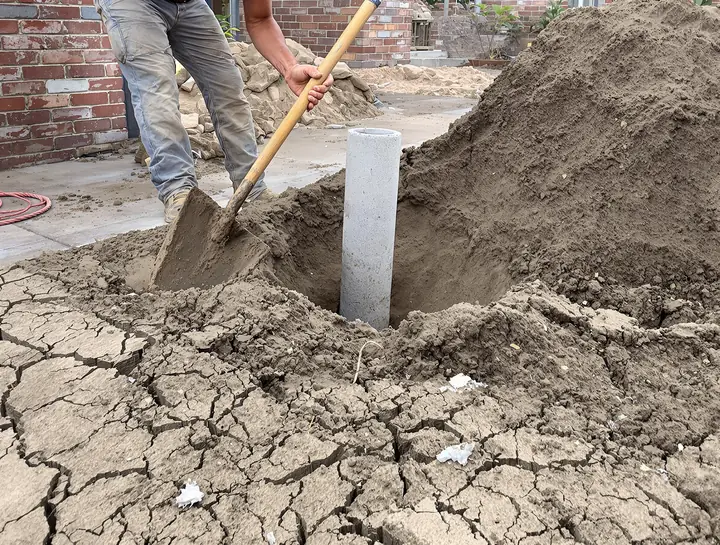 Worker digging a pier hole in dark cracked clay next to a slab