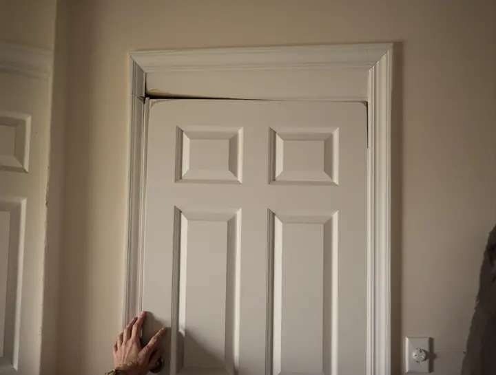 Door with an uneven gap at the top and a diagonal drywall crack above