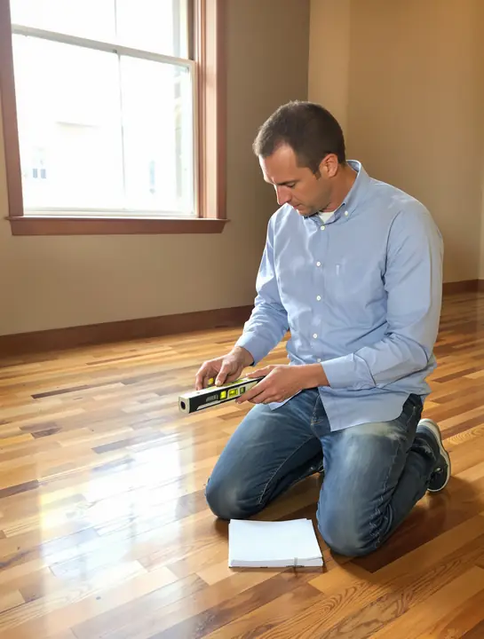 Engineer reading a digital floor level in an empty living room