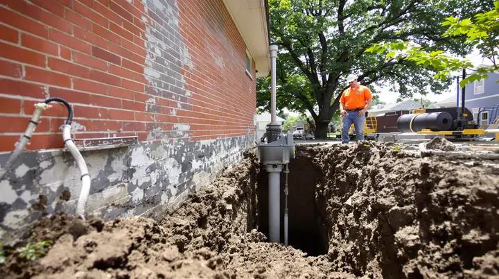 Crew installing steel push piers beside a 1950s brick ranch house in Fort Worth
