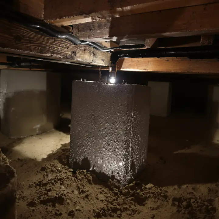 New concrete pier blocks and steel shims under a wood beam in a crawl space