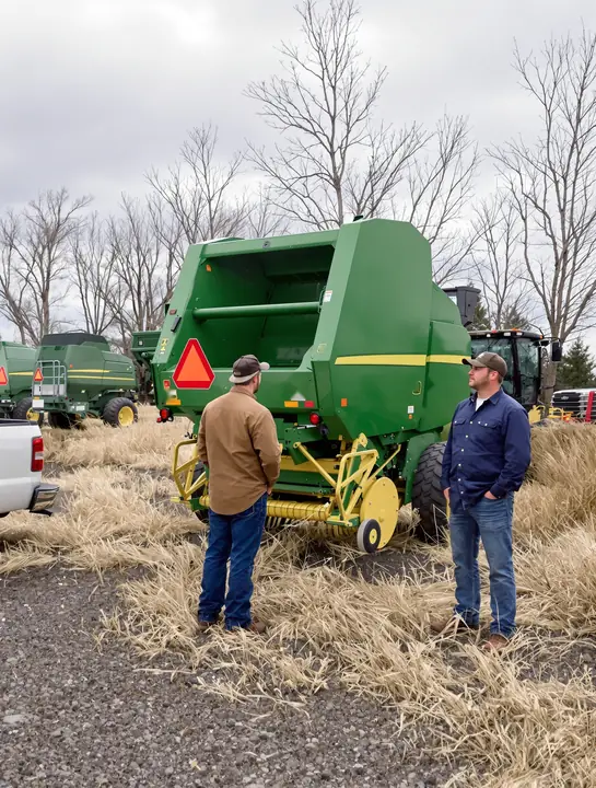 Young rancher and a dealer looking over a used hay baler on a lot outside Billings