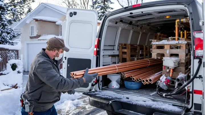 Plumber loading copper pipe into a white van on a snowy morning