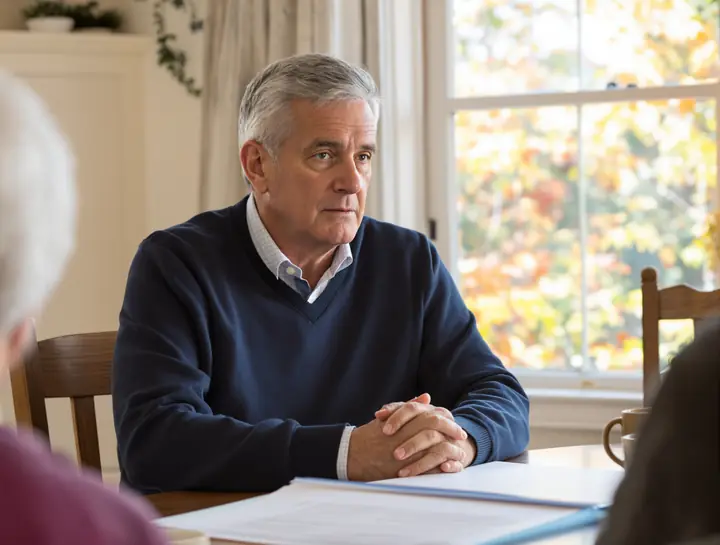 A funeral director listening to a couple at their kitchen table