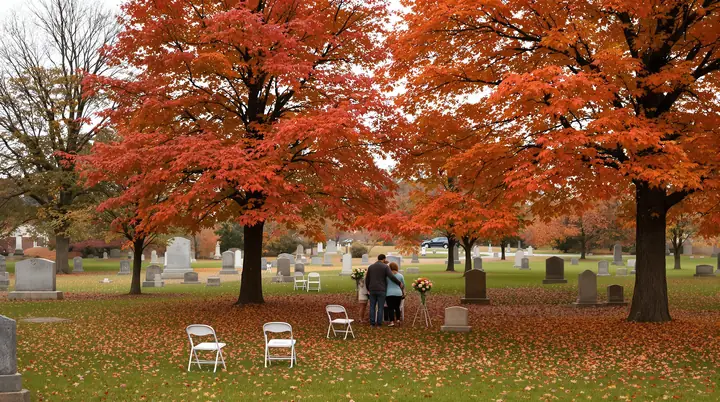A family gathered at a graveside service under autumn maples