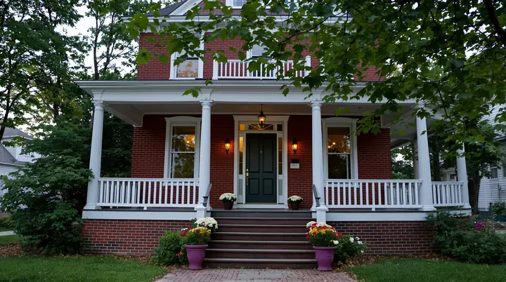 The front porch of the funeral home on Salem Avenue at dusk