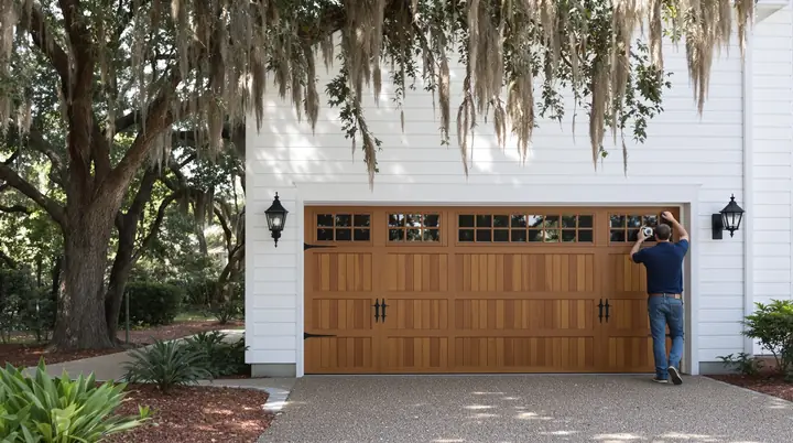 Cedar look carriage door under live oaks