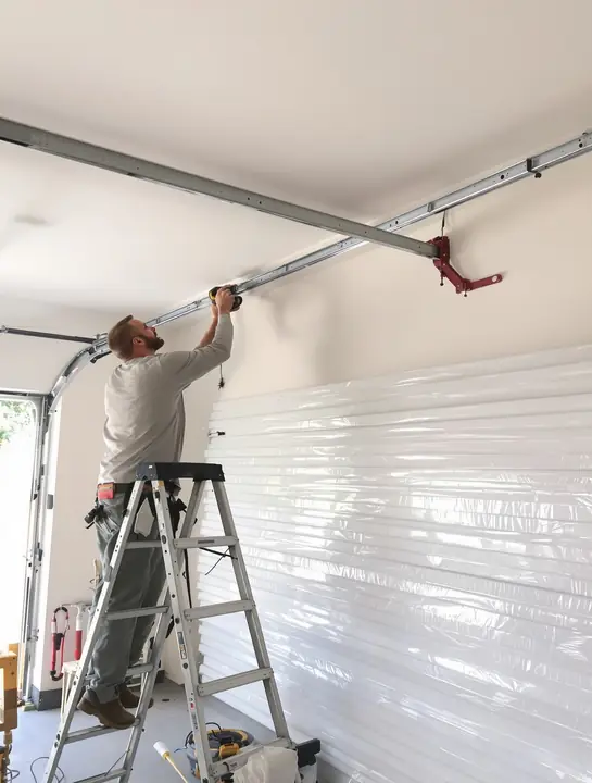 Installer bolting the track for a new door in a clean garage