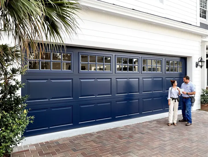 Navy raised panel door with a row of windows on a white house
