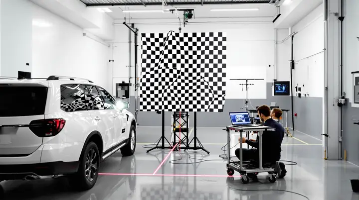SUV lined up with a checkerboard target for forward camera calibration