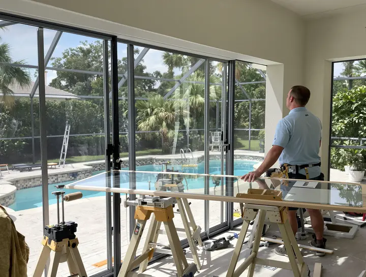 Tech replacing a cracked pane in a sliding glass door on a pool lanai
