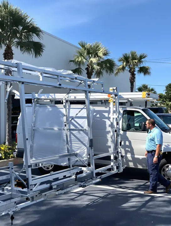White service van with a glass rack in a sunny office parking lot