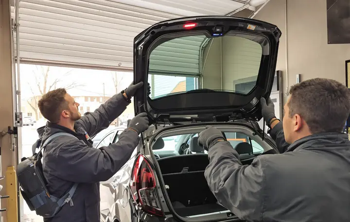 Two techs setting new back glass on a hatchback in the shop bay