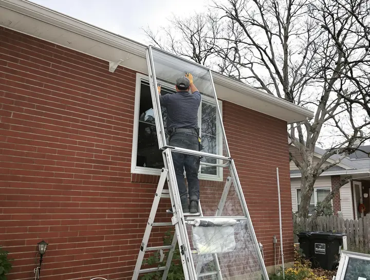 Tech swapping a foggy double pane unit on an older brick house