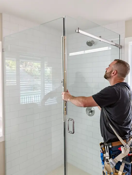 Glazier leveling a frameless shower door in a tiled bathroom