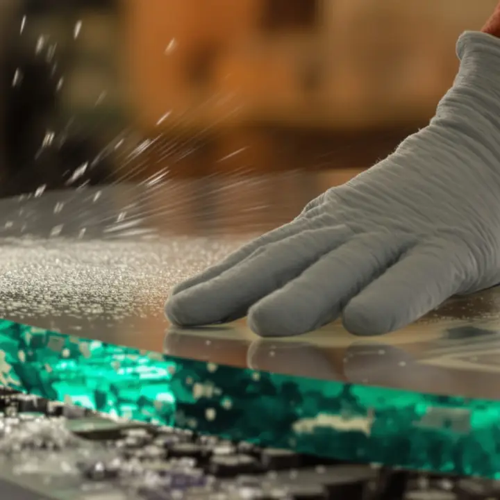 Polishing the edge of a round glass tabletop on a wet edger