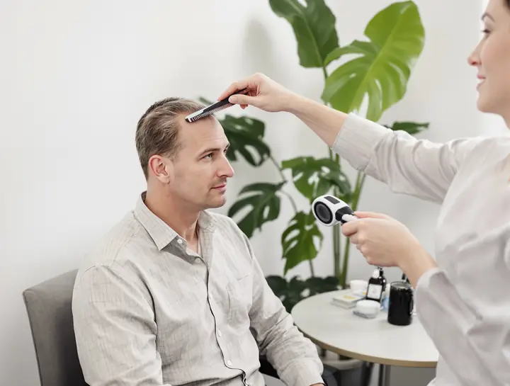 Doctor checking a patient's hairline at the consult