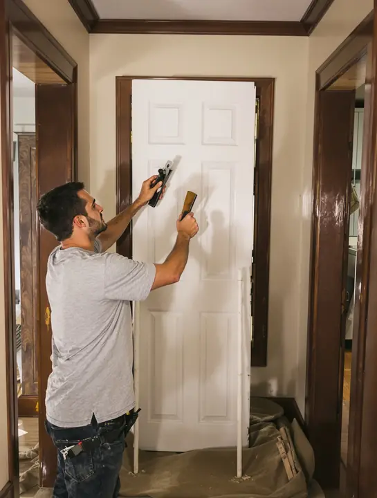 Handyman planing the edge of a sticking wood door