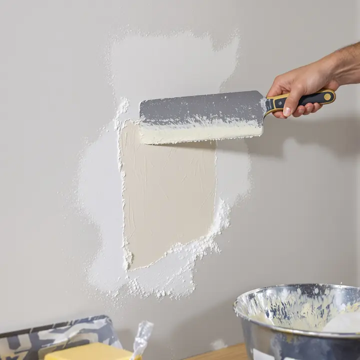 Putty knife smoothing joint compound over a drywall patch