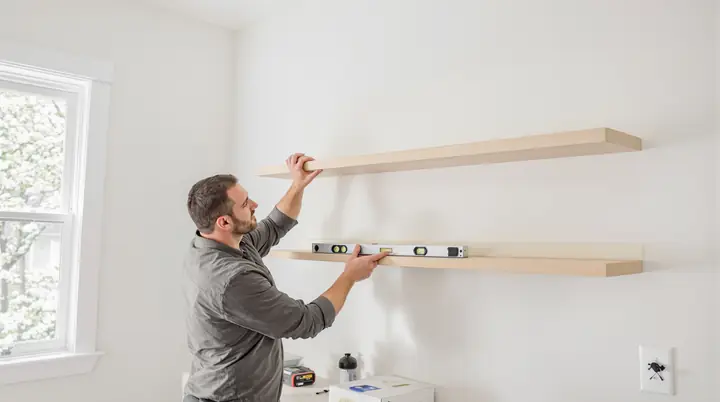 Handyman checking floating kitchen shelves with a level