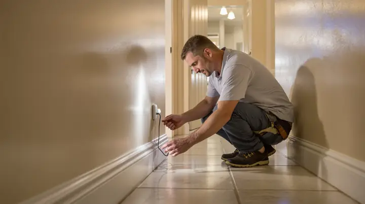Installer placing a motion night light along a hallway baseboard