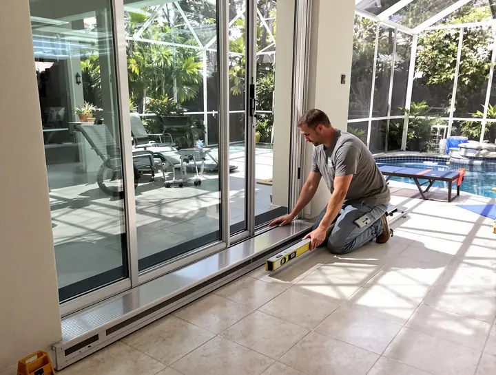 Low threshold ramp at a sliding door to a screened lanai