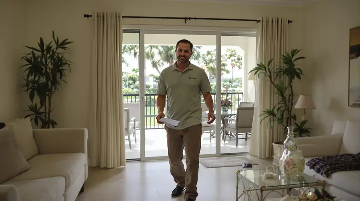 Installer walking through a bright living room with an older homeowner and a clipboard