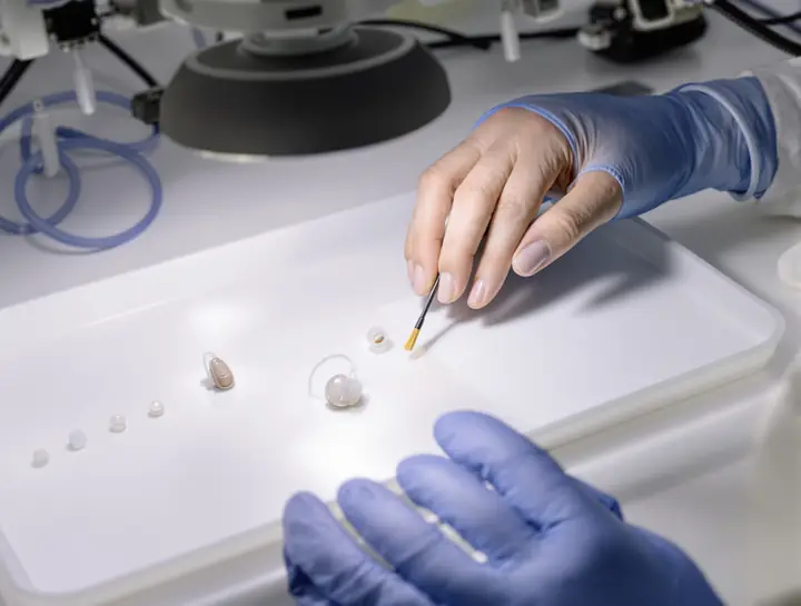 Hearing aids being cleaned on a white tray