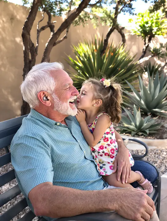 Grandfather with a hearing aid laughing as his granddaughter whispers to him