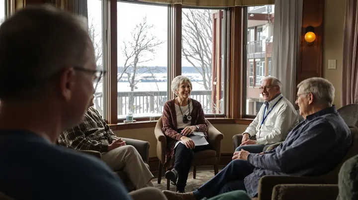 The audiologist talking with residents in a senior apartment common room