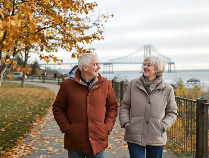 An older couple walking and talking on the Lakewalk