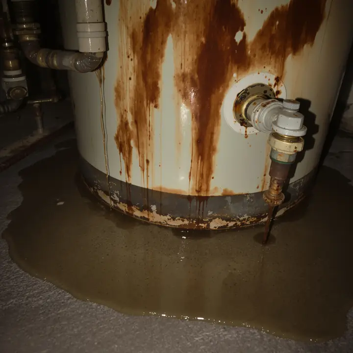 Rusted tank leaking onto a basement floor, Aurora