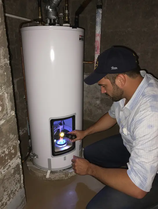 Checking the pilot flame on a gas water heater, Lisle
