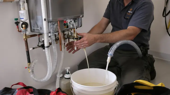Flushing scale out of a tankless heater with a pump and bucket