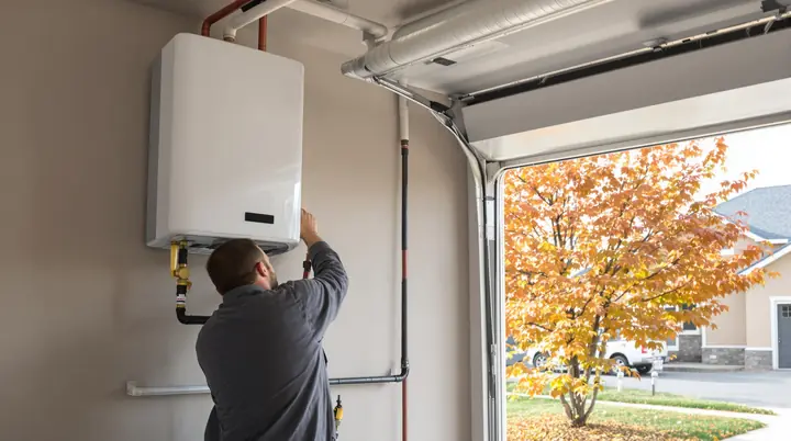Installer mounting a wall hung tankless gas water heater in a Meridian garage