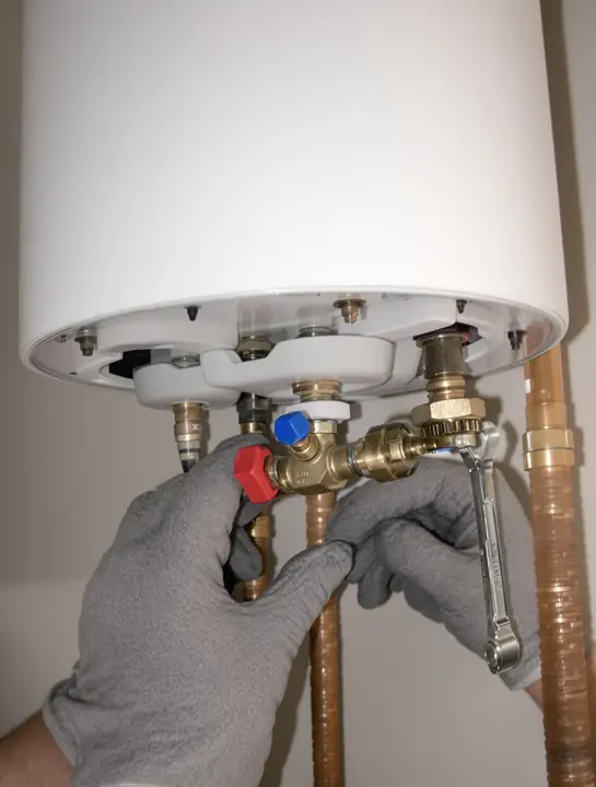 Installer tightening the hot and cold service valves under a new tankless heater