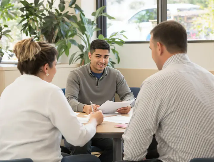 A member services rep going over options with a couple at the branch