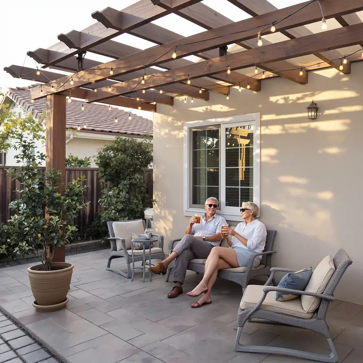 A retired couple relaxing under a new wood pergola