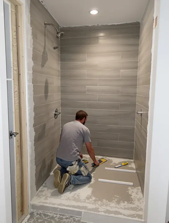 A tile setter laying gray tile in a walk in shower