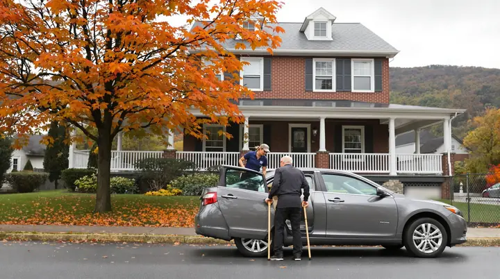 Caregiver helping an older man with canes out of a car in front of a brick house with fall leaves