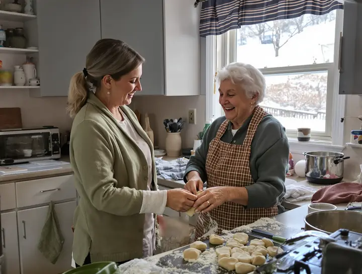 Caregiver and an older woman in an apron making pierogi at the counter