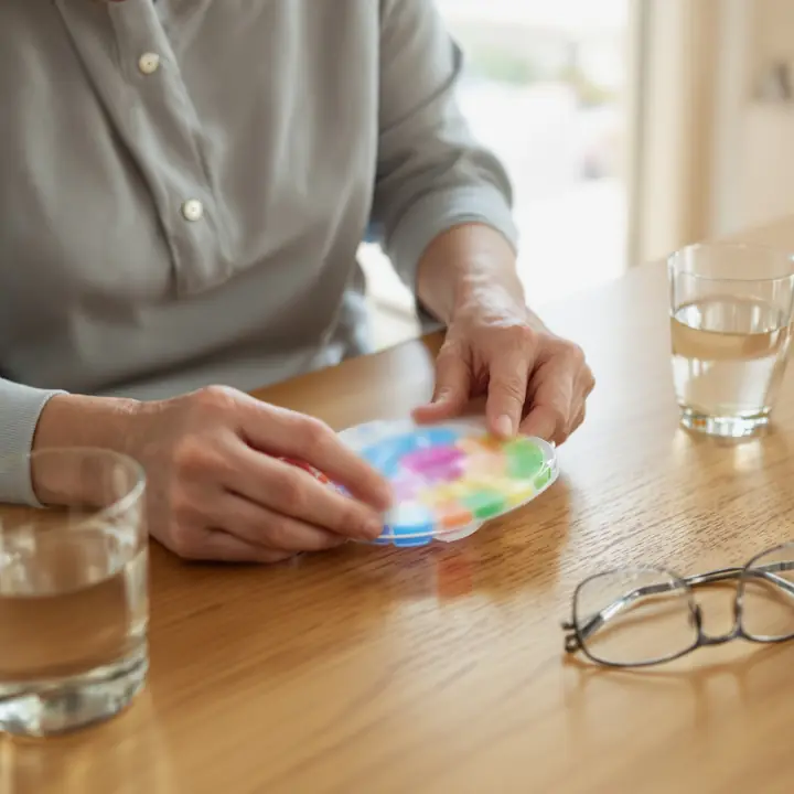 Hands filling a colorful weekly pill box at a kitchen table