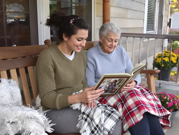 Young caregiver and an older woman looking at a photo album on a porch bench