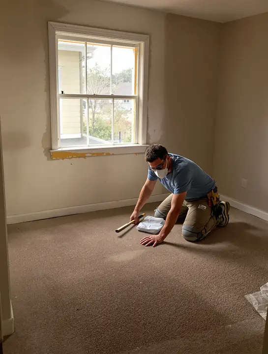 A young man pulling up old carpet to find oak floors
