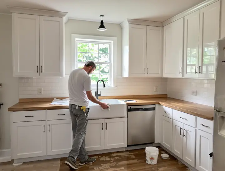 A renovated kitchen with white cabinets and butcher block counters