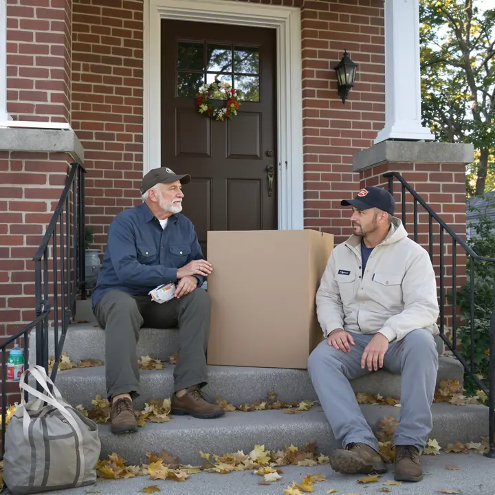 An older homeowner talking with Ray on his front porch steps