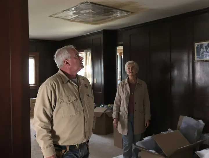 Ray walking through a dated living room with the homeowner, looking at a ceiling stain