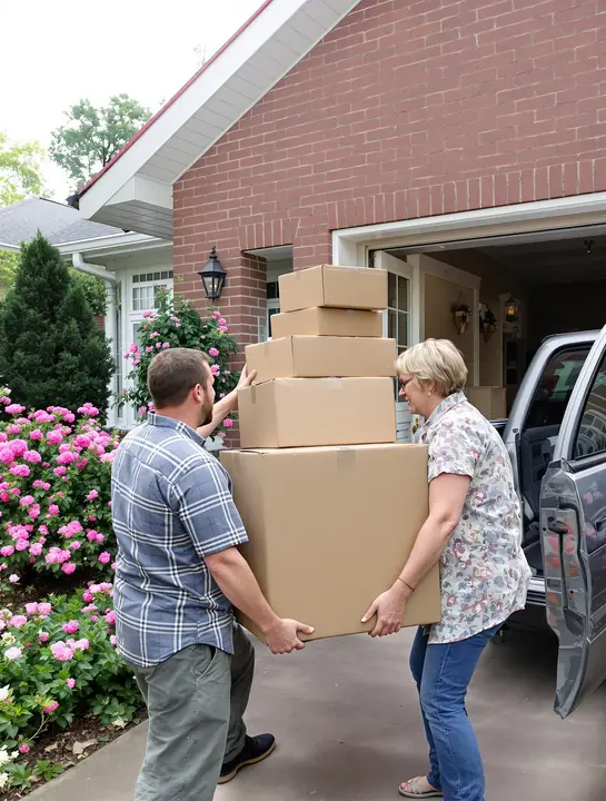 Son and mother carrying moving boxes to a pickup truck