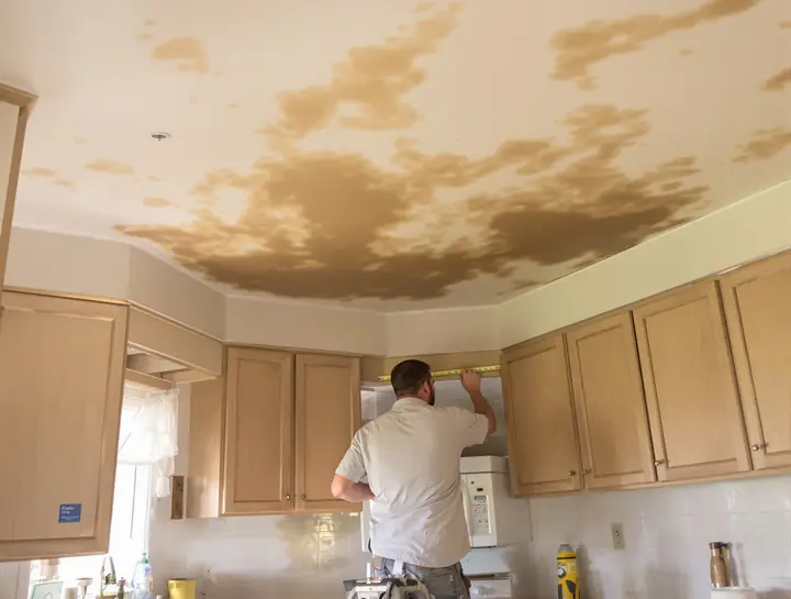 Contractor measuring a water stain on a kitchen ceiling