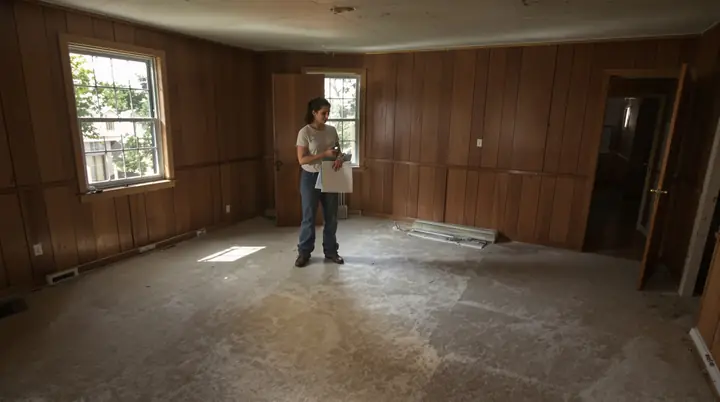 Buyer walking through an empty living room with wood paneling